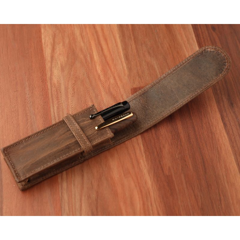Leather Flap Pen Case for Two Pens - Camel Brown - Image 2