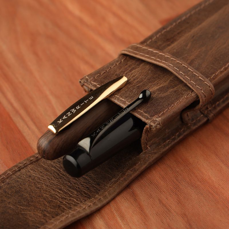 Leather Flap Pen Case for Two Pens - Camel Brown - Image 3