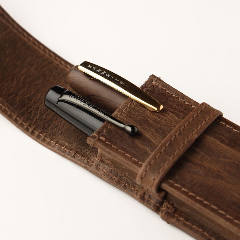 Leather Flap Pen Case for Two Pens - Camel Brown - Image 5