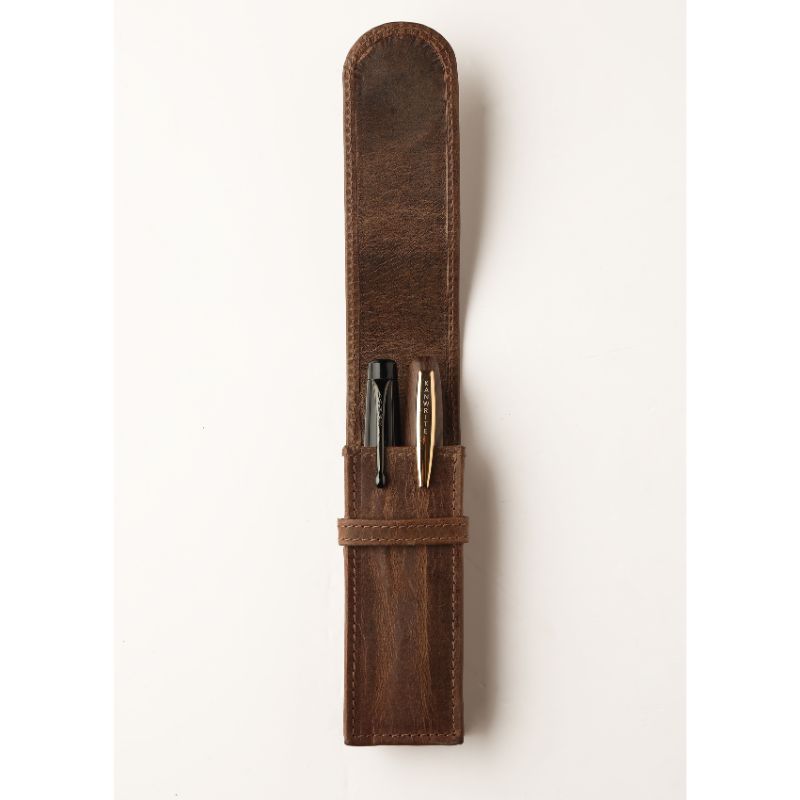 Leather Flap Pen Case for Two Pens - Camel Brown - Image 6